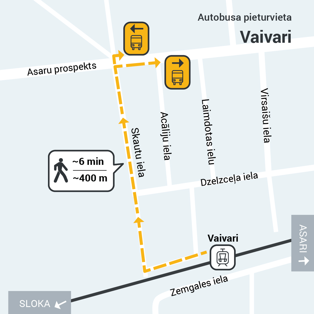 Karte, kas rāda maršrutu no Vaivaru stacijas līdz autobusa pieturām uz Asaru prospekta. Attālums ap 400 metriem, gājiena laiks ap 6 minūtēm.